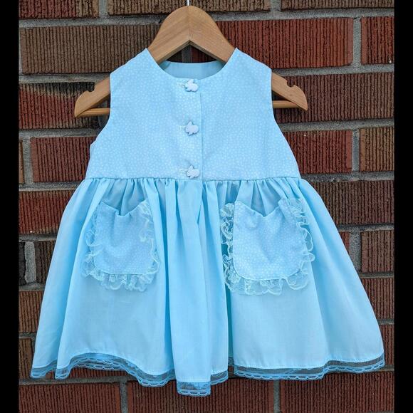 6-12 Months Vintage Baby Girl Smocked Blue  Dress, Bunny Buttons, 1980-90s - Picture 2 of 7